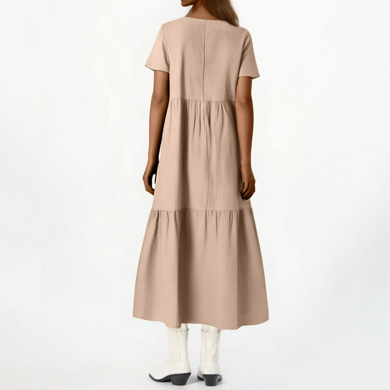 TrdSipl Plus Size Cotton Linen Dress for Curvy Women Flowy Swing Gauze Dress  Dressy Casual Loose V Neck Short Sleeve Dresses Khaki 5XL - Walmart.com