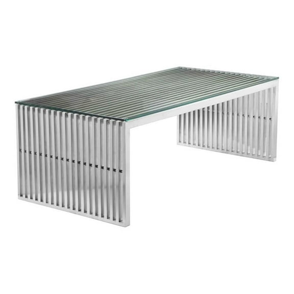 Pemberly Row Contemporary Rectangle Metal & Glass Coffee Table in Silver