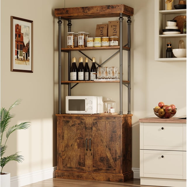 Bingirl Tall Bookshelf with Doors Industrial Storage Open Rack Shelf with Cabinet Wood and Metal Bookcase Farmhouse Bookshelves Large Vintage Display Rack Home Office Retro