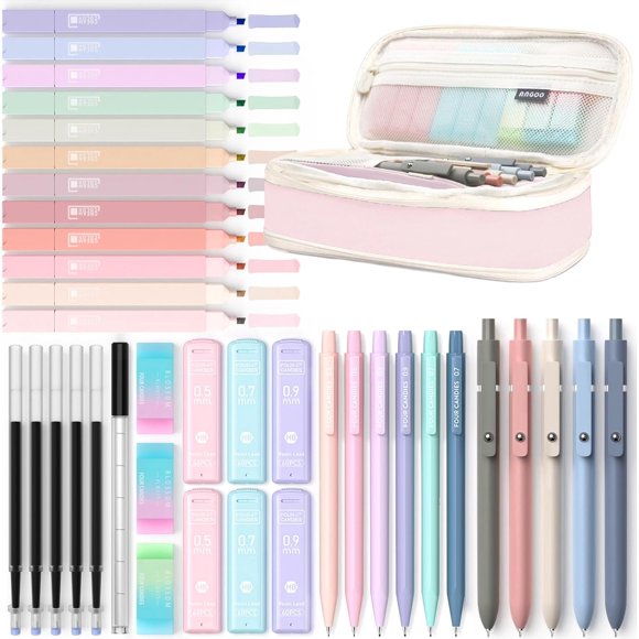 czcpp-39 PCS Aesthetic School Supplies with Cute Pen Case, 12 Pastel Highlighters, 5 Black Ink Gel Pens, 6 Mechanical Pencils Set 0.5 & 0.7 mm for Students Stationary College Essentials (Pink)