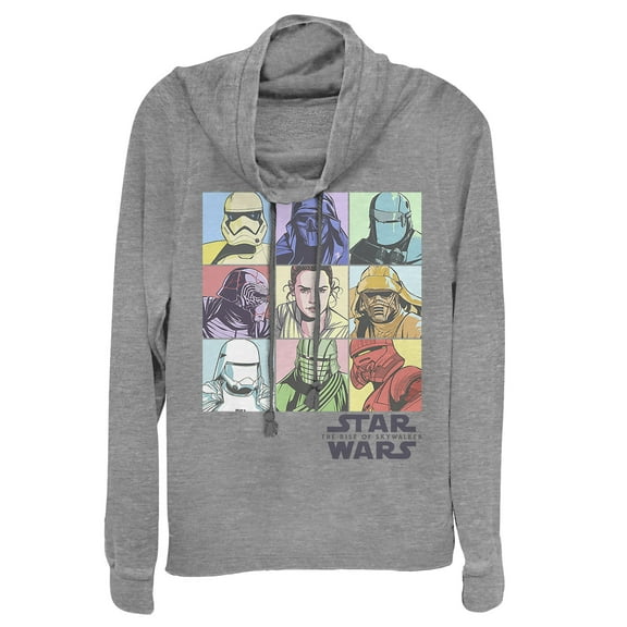 Junior's Star Wars: The Rise of Skywalker Pastel Character Bingo  Cowl Neck Sweatshirt Gray Heather X Large