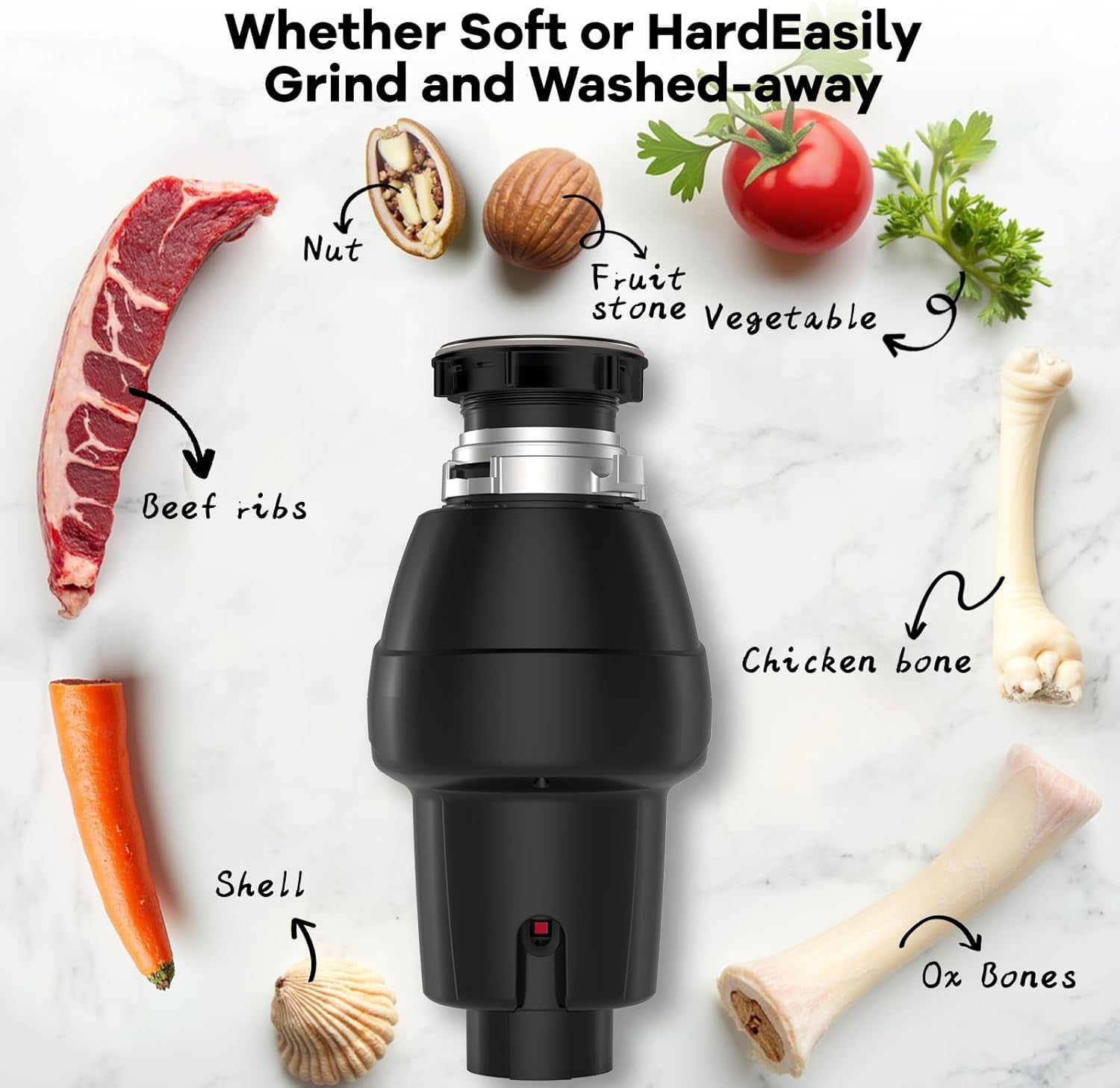 Garvee 1/2 HP Garbage Disposal with Air Switch, 4-Stage Grinding, 3500 RPM, Quiet Food Waste Disposer, Stainless Steel & ABS, for Kitchen, Matte Black