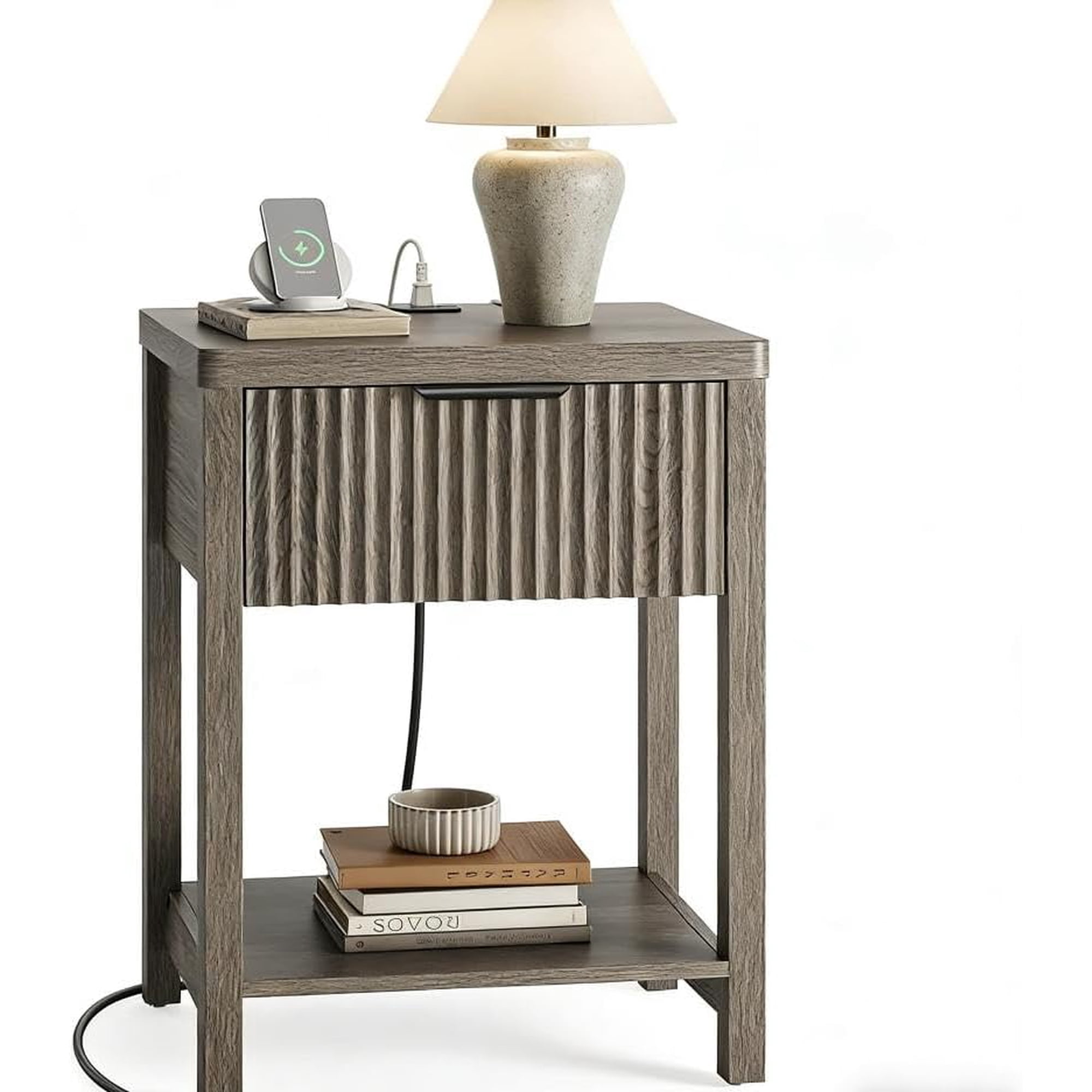 Night Stand Set 1 Fluted Wood Bedside Table w/Socket Station for Bedroom | Dark Grey Storage Drawer Open Shelf Metal Silent Rails Round Corners Modern Fluted Panel Living Room Bedside Table