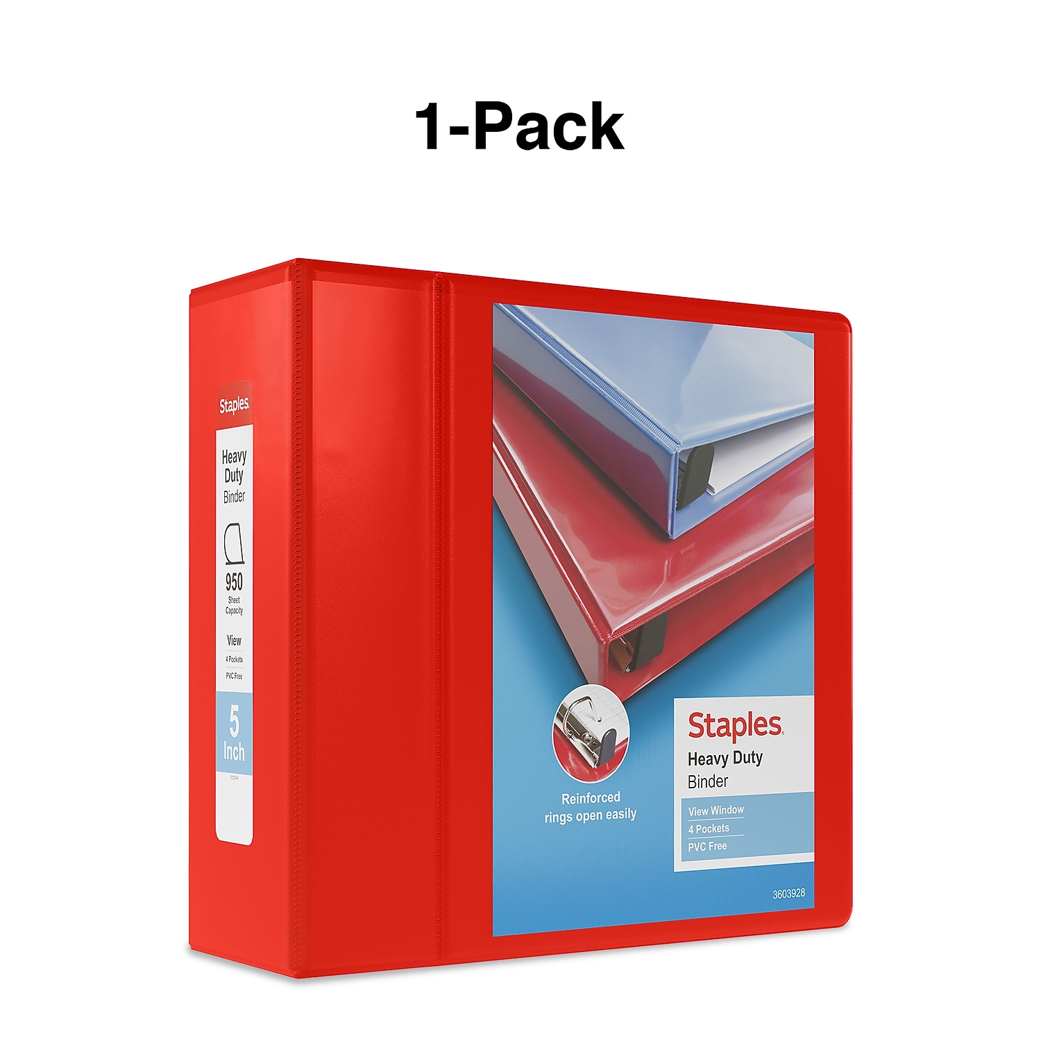 Staples Heavy Duty 5" 3-Ring View Binder with D-Rings and Four Interior Pockets Red  2/Pack