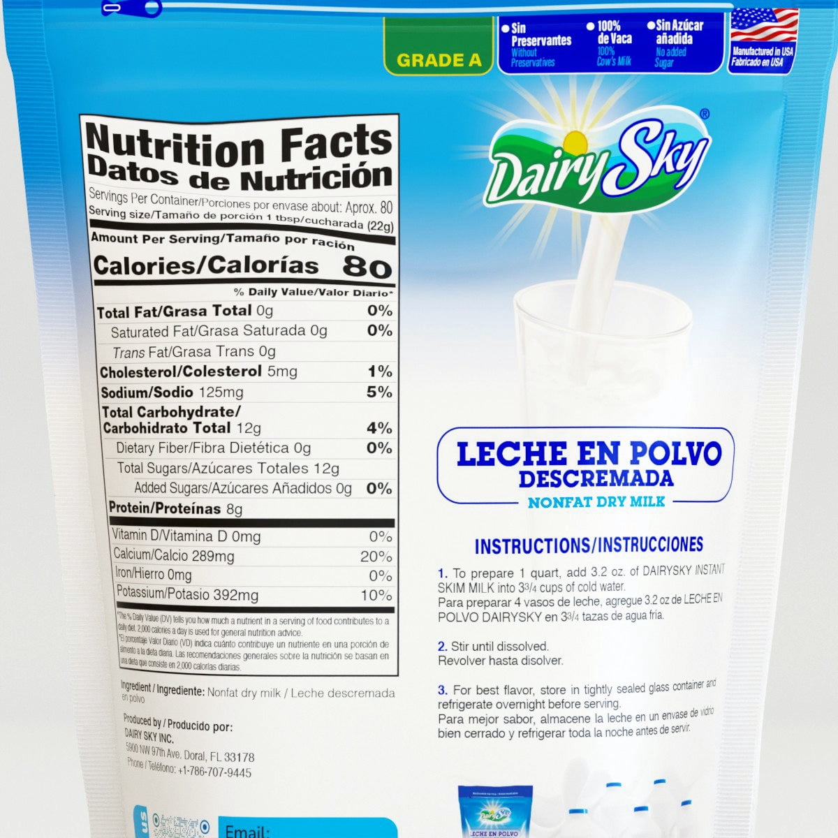 DairySky Nonfat Dry Milk Powder, Original Flavor, Grade a Skim Milk, Resealable Pouch, 64 oz (1 pack) | Leche En Polvo Descremada