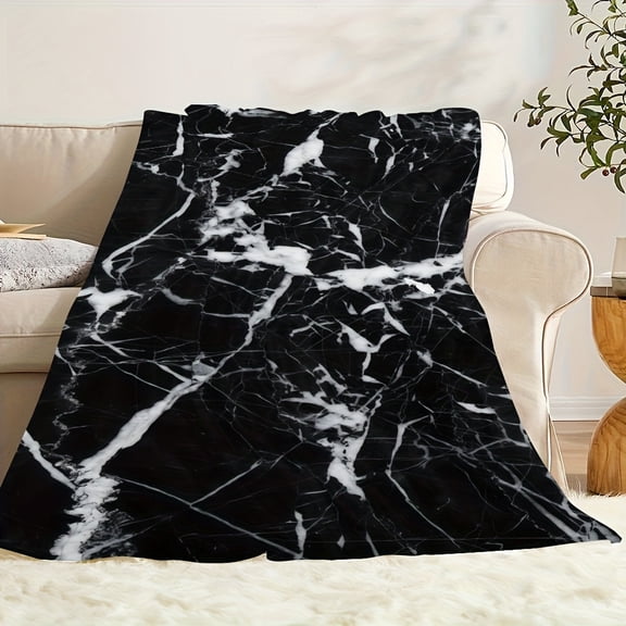 Stylish Black & White Marble Pattern Flannel Throw Blanket - Contemporary Home Decor, Soft Polyester, Machine Washable, Ideal for Living Room, Bedroom, or Study