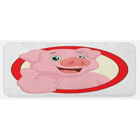 

Cartoon Kitchen Mat Pig Mascot with Thumbs Animal Illustration with a Circular Frame Plush Decorative Kitchen Mat with Non Slip Backing 47 X 19 Vermilion Pale Pink by Ambesonne