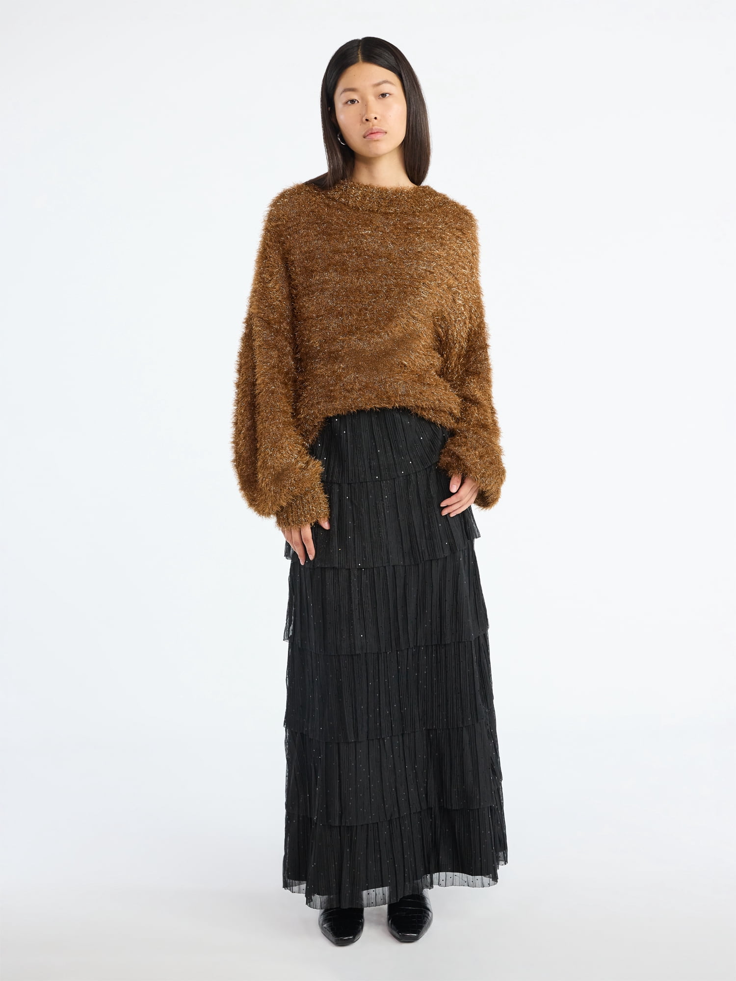 Scoop Women's and Women's Plus Glitter Ruffle Maxi Skirt, Sizes XS-4X
