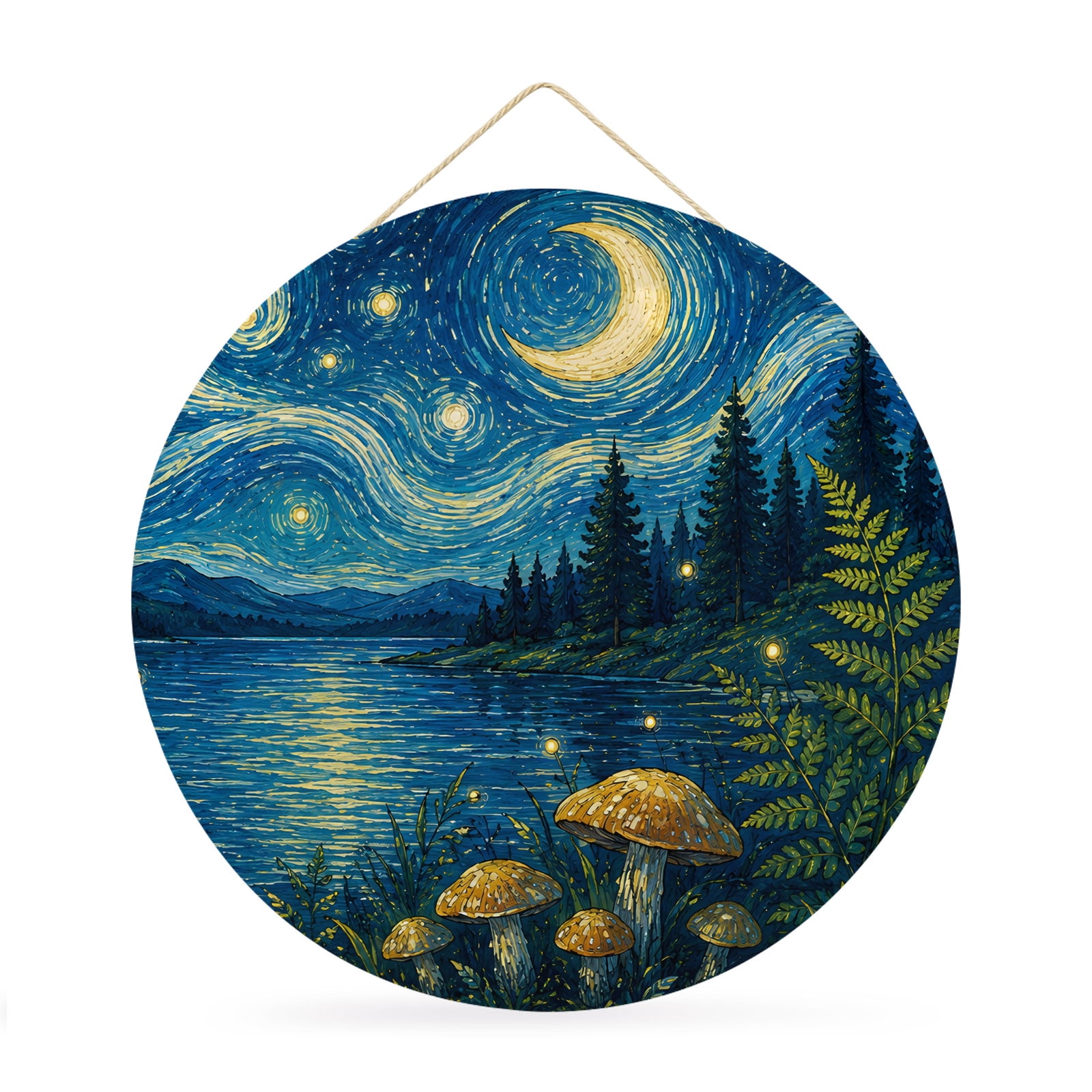 Welcome Sign for Front Door Starry Night Round Metal Wall Art Wreaths Sky Moon Retro Blue Natural Lake Forest Outdoor Indoor Wall Hanging Sign for Porch Decor Housewarming Gifts 11.8 Inch