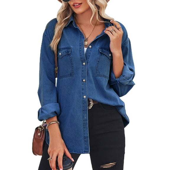 SWSMCLT Women's Soft Button Down Shirt Fall Pocket Coat Western Top Long Sleeve Split Summer Spring Denim Dark Blue Small