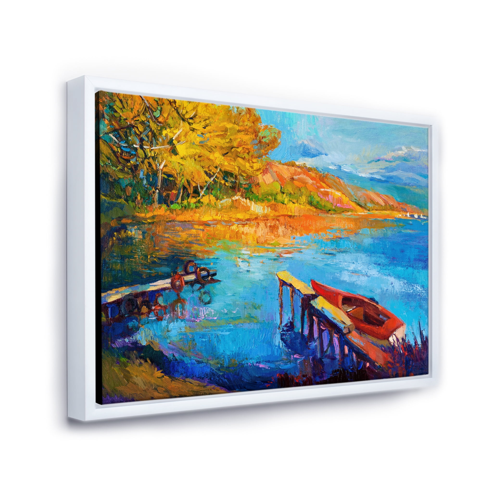 The Lake At Sunset Evening Glow II 32 in x 24 in Framed Painting Canvas Art Print, by Designart