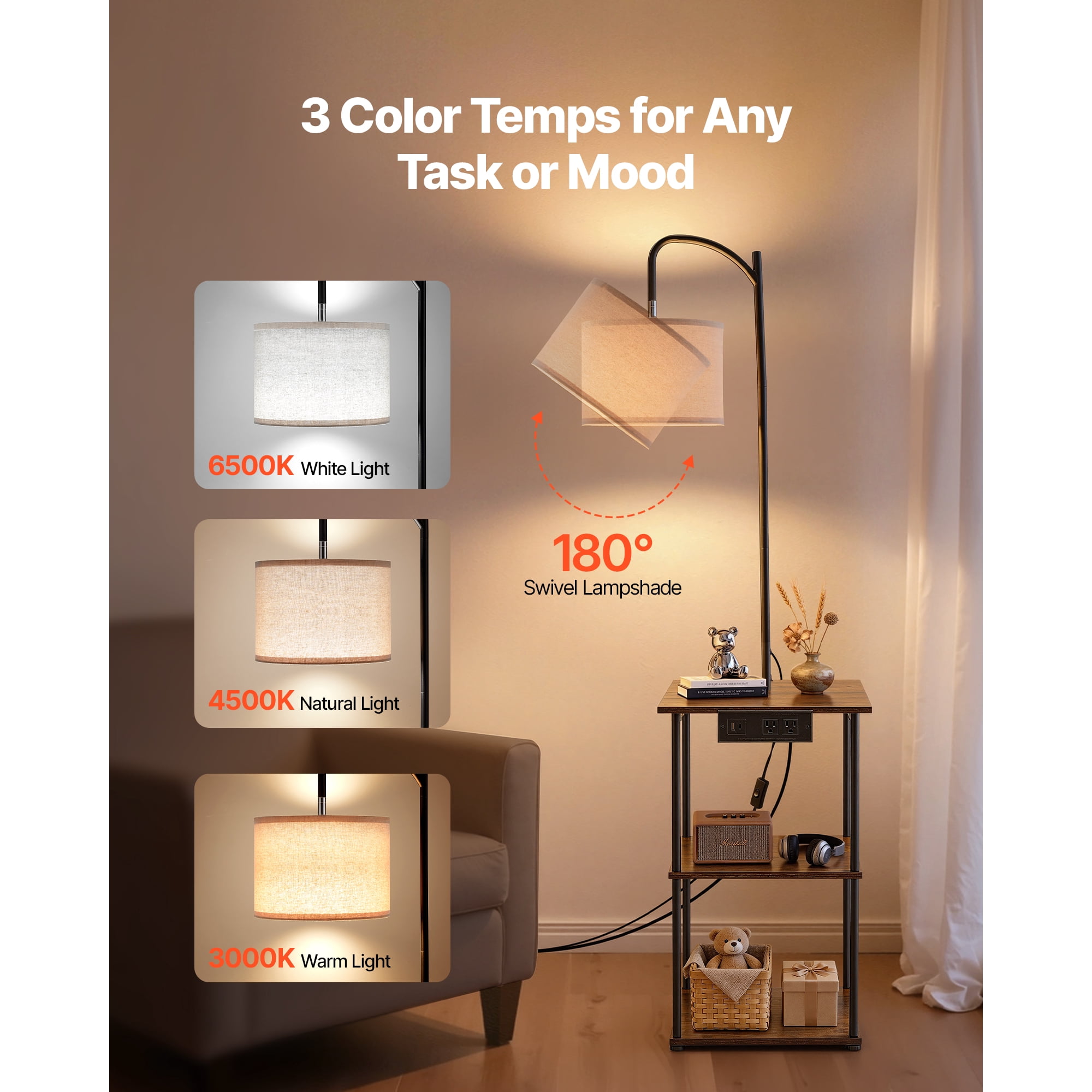 Floor Lamp with Table, Narrow 3-Tier End Table with Open Shelves & 3 Color Temperature Lighting, Side Nightstand Bedside Desk with USB & Type C & AC Charging Port for Living Room, Bedroom, Dorm