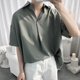 thumbnail image 4 of Camisas De Sport Para Hombre Camisas para hombres de manga corta con cuello doblado hacia abajo camisa con cuello sólido trajes de verano (Green, M), 4 of 5