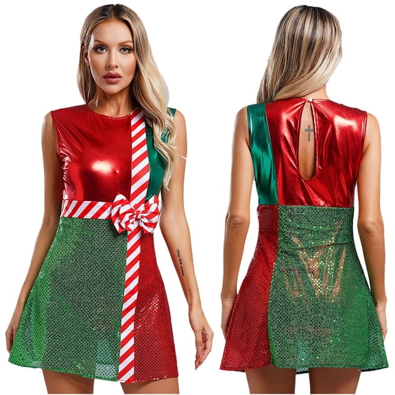 iiniim Women's Christmas Casual Tunic Party Dress Up Xmas Striped Leotards Dress Red M