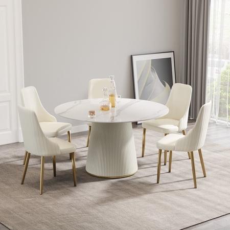 Dining Table Set Round White Sintered Stone Top with PU and Plywood Pedestal Base 53 Diameter Modern Kitchen Table for 4-6 People Heat and Scratch Resistant Dining Room Set