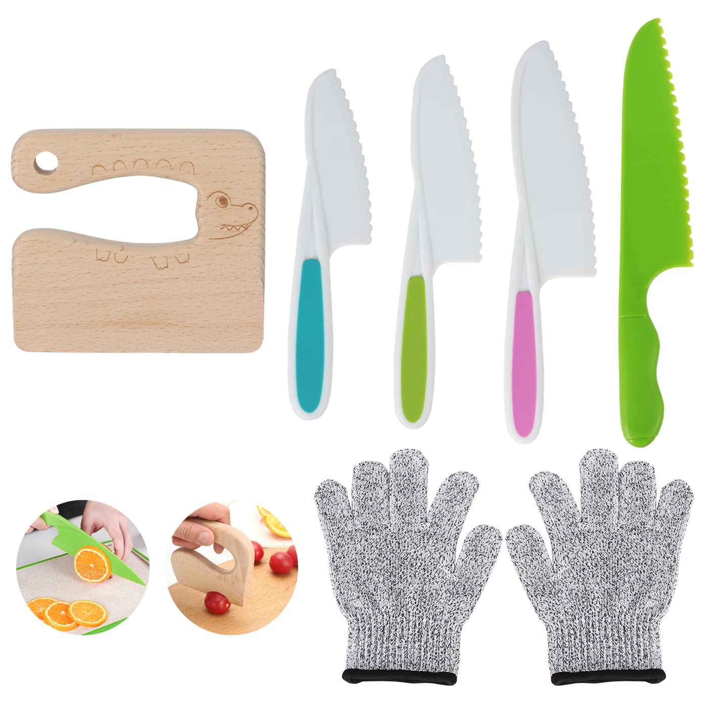 6pcs Kids Wooden and Plastic Knife Set, Kids Safe Knife with Wood Kids