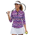 thumbnail image 2 of HUIACONG Women's Golf Polo Shirts for Sports Golf Outdoor Activities, Polyester Spandex Fabric Quick Dry Fashionable 3/4 Sleeve Ladies , Purple Leopard Stripe, 2 of 10