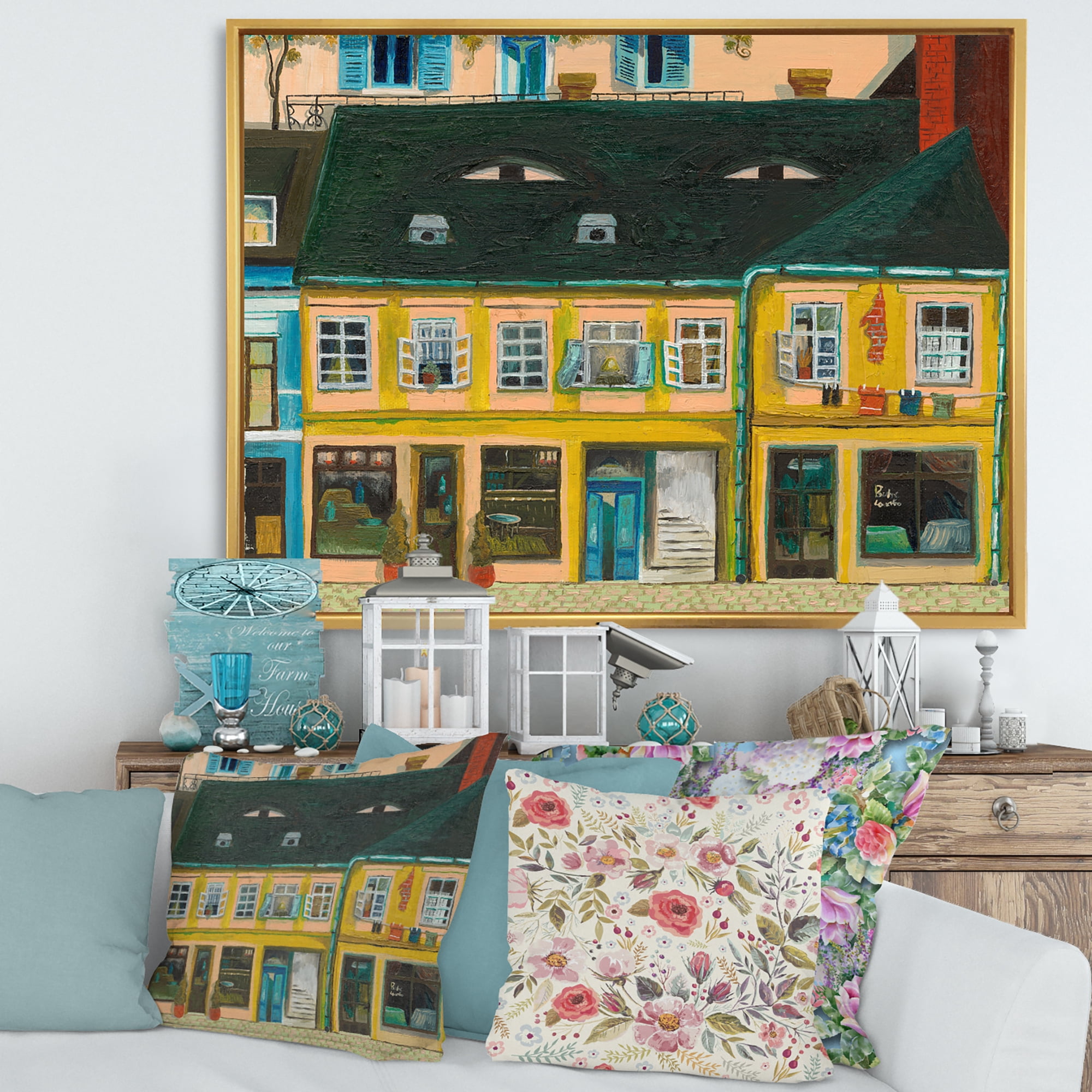 Designart 'Abstract Yellow Facade of Houses In Street In Paris' French Country Framed Canvas Wall Art Print
