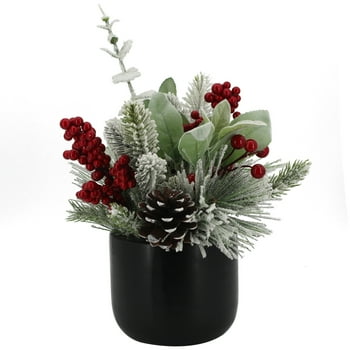 Holiday Time 12” Christmas Artificial Floral Arrangement in Black Ceramic Vase, Green