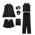 thumbnail image 1 of Pijama de siete piezas de color sólido para mujer, cárdigan de seda para primavera/otoño/verano, ropa de hogar, traje de pijama de seda artificial de 7 piezas, 1 of 6
