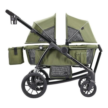 KFFKFF Off-Road Wagon-Stroller Hybrid, Dual-Seating, Easily Foldable for Travel, Comes with Shade Cover, Storage for Essentials, Beverage & Snack Tray, 55lbs Capacity per Seat, in Olive Green