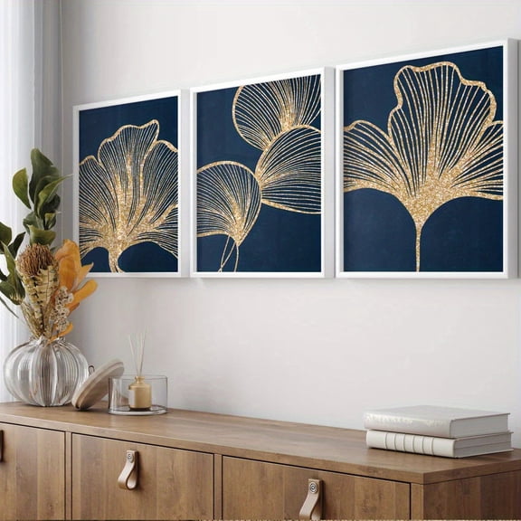 Set of 3 Anime Art Deco Classic Modern Unframed Portrait Painting Poster Art Print Canvas Wall Art, Navy Blue and Golden, Botanical Leaf, Floral Leaf, for Living Room, Bedroom, Bathroom, Kitchen, Cl