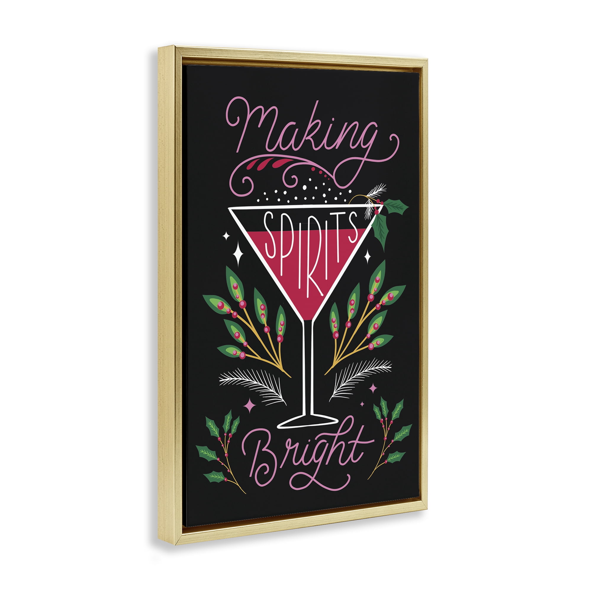 Stupell Industries Making Spirits Bright Martini Holiday Painting Gold Floater Framed Canvas Art Prints Wall Art, 17 x 25