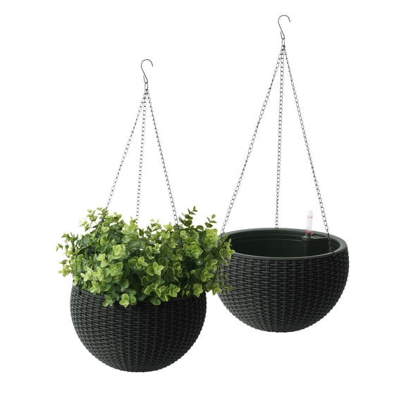Algreen Modena Wicker Self-Watering Hanging Basket Planter, Black, 2-Pack