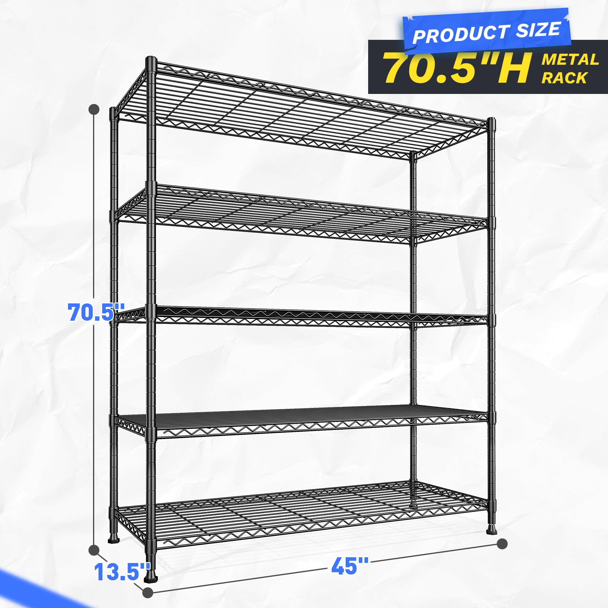 REIBII 5-Tier Heavy Duty Metal Wire Shelving Unit,1000lbs Capacity,45 "W x 70.5 "H x 13.5 "D，Adjustable Steel Storage Rack for Garage, Kitchen & Pantry