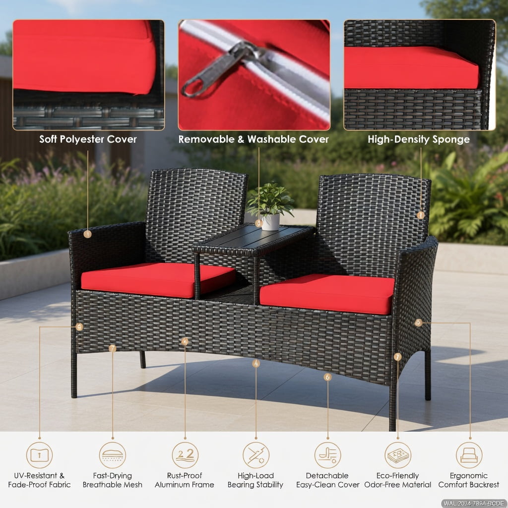 Hommoo Modern Outdoor Patio Conversation Set with Built-in Trapezoid Coffee Table & Removable Cushions, Brown Rattan, Red
