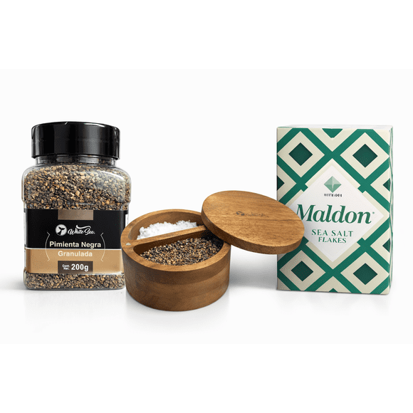 Sal Maldon Y Pimienta Negra Con Especiero De Madera White Sea