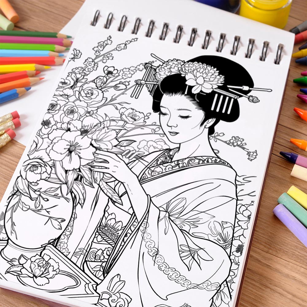 NETHOUSE Geisha Coloring Book For Adults Relaxation & Stress Relief, 30 Coloring Pages Featuring Elegant Geisha Portraits, Traditional Kimonos, Japanese Gardens, and Graceful Cultural Scenes