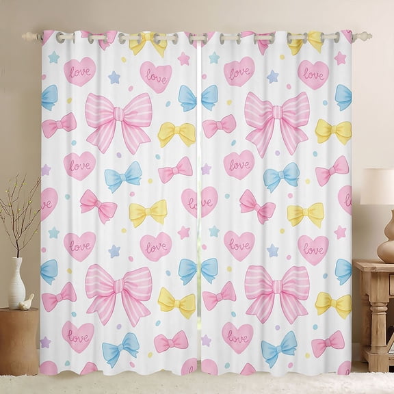 Manfei Colorful Bow Love Heart Black Out Curtains for Girls, Cute Ribbon Curtains Pack of 2 (42x63 Each)
