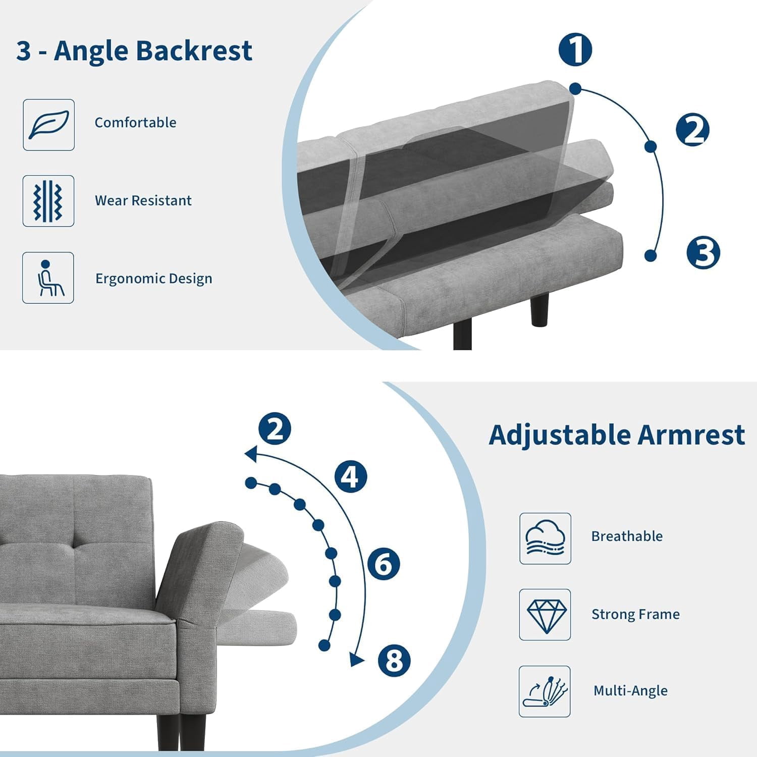 Luku 89" Convertible Futon Sofa Bed, Deep Seat Sleeper Couch with Adjustable Backrest & Armrests