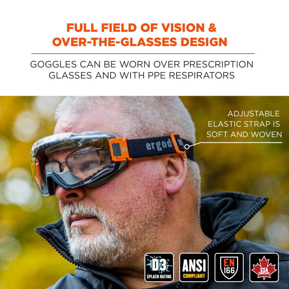 Ergodyne Clear Lens Gray Otg Safety Goggles Elastic Strap