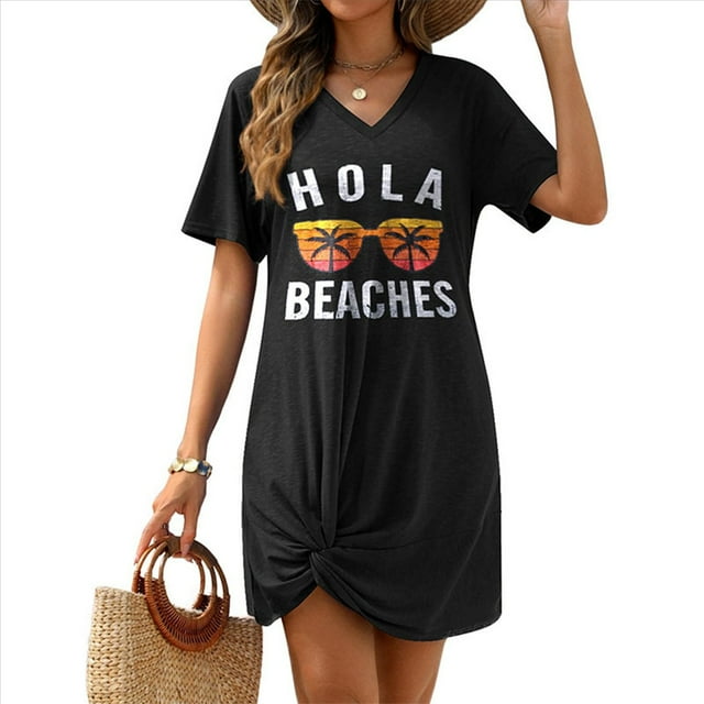 Vestido de Verano para Mujer con Escote en V, Mangas y Lateral, Gafas Negras L