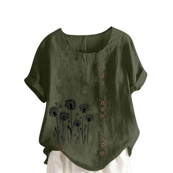 Women's Tops, Tees & Blouses Petite,Women Floral Print Linen Shirts Short Sleeve Gauze Tops Loose Fit Cotton Blouses Trendy 2026 Clothing
