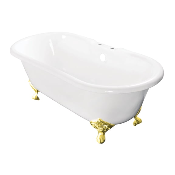 Aqua Eden VCT7D603017NB2 60-Inch Cast Iron Oval Double Ended Clawfoot Tub (7-Inch Faucet Drillings) in White/Polished Brass