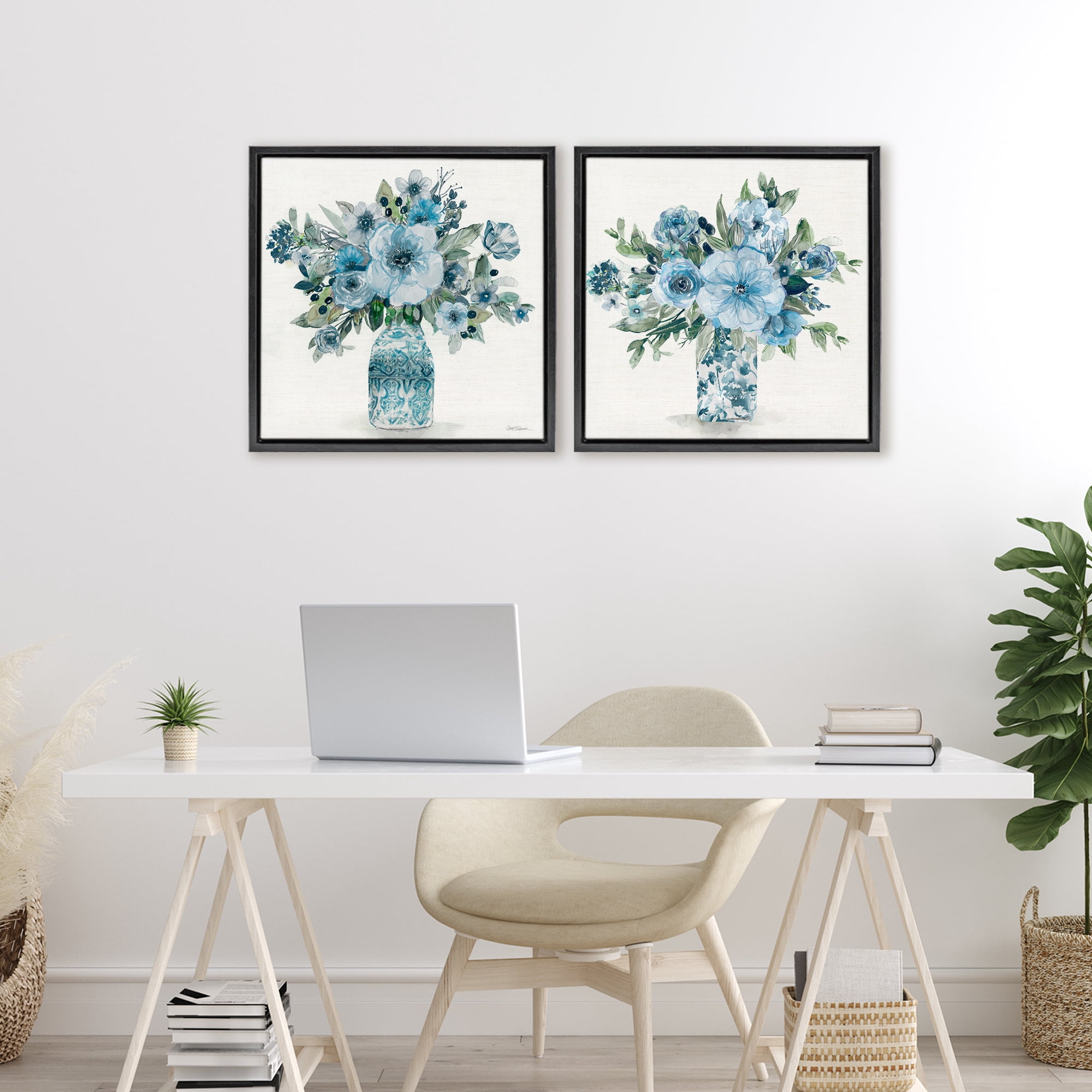 Stupell Industries Pastel Blue Floral Vase Arrangements 2 Piece Black Framed Floater Canvas Set, design by Carol Robinson