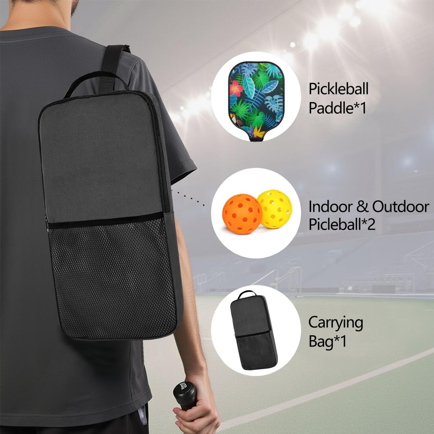 Pickleball Paddles Set Of 1, Fiberglass Surface, Tropical Leaf Print, 1 Paddle, 2 Balls & Bag