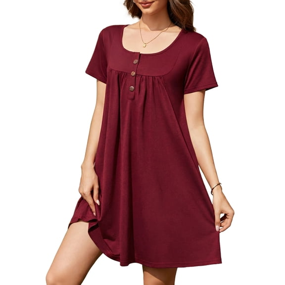 ValueVibe Nightgowns for Women Crew Neck Sleepshirt Short Sleeve Sleepwear Henley Button House Dress with Pockets, Burgundy XL