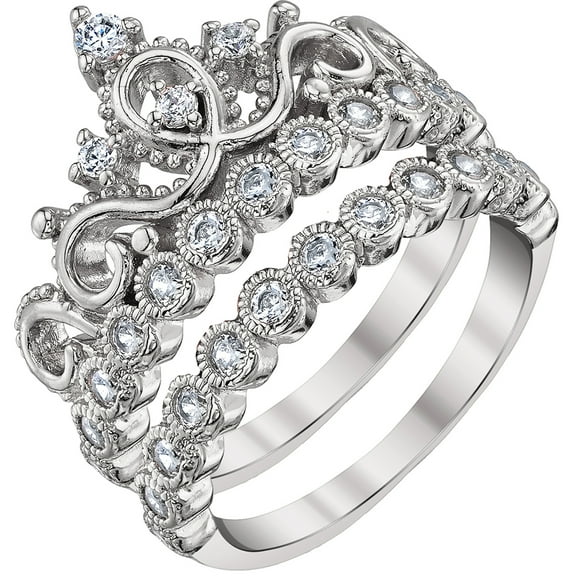 Rhodium-plated Sterling Silver Princess Crown Ring and Band Set