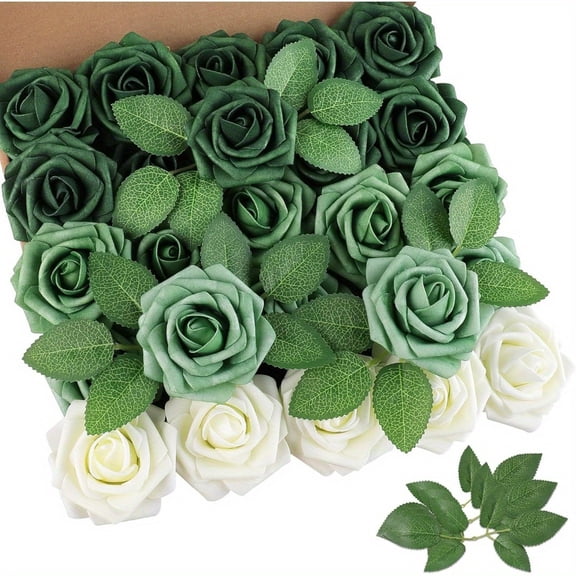 25pcs Shades of Forest Artificial Roses Flowers with stem Real Looking Roses DIY for Wedding Arrangements Party Wedding Bouquets Bridal Baby Shower Floral Arrangements Home Office Table Decors