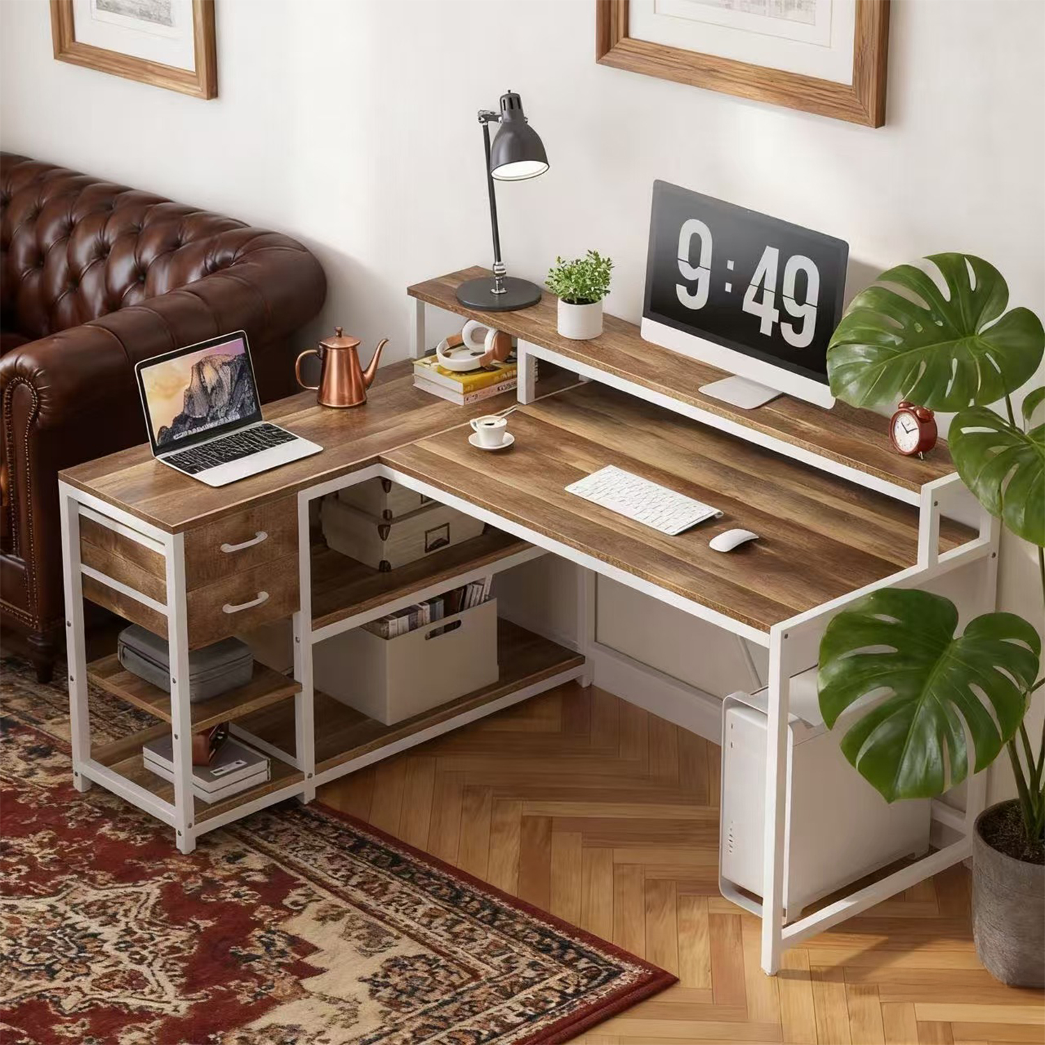 55" x 24" L Shaped Corner Desk With Drawers, Storage Shelves & Monitor Stand, Oak Home Office Gaming Study Computer Table For Small Space