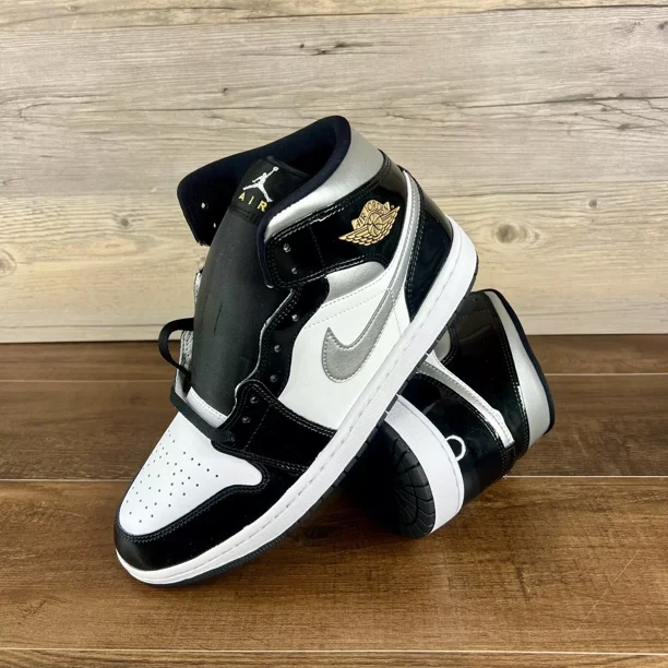 N I-K-E A i r-Jor-dan 1 Mid Mens Size 12 Black White Metallic Gold Silver HV0789 010