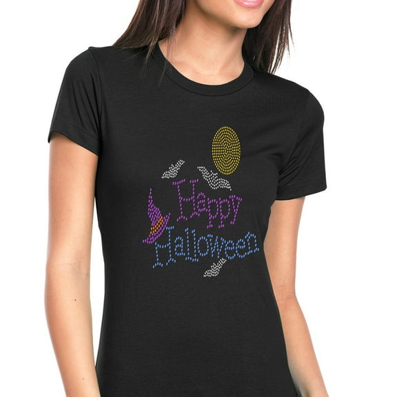 Womens T-Shirt Rhinestone Bling Black Tee Happy Halloween Bat Witch Hat Crew Neck Medium