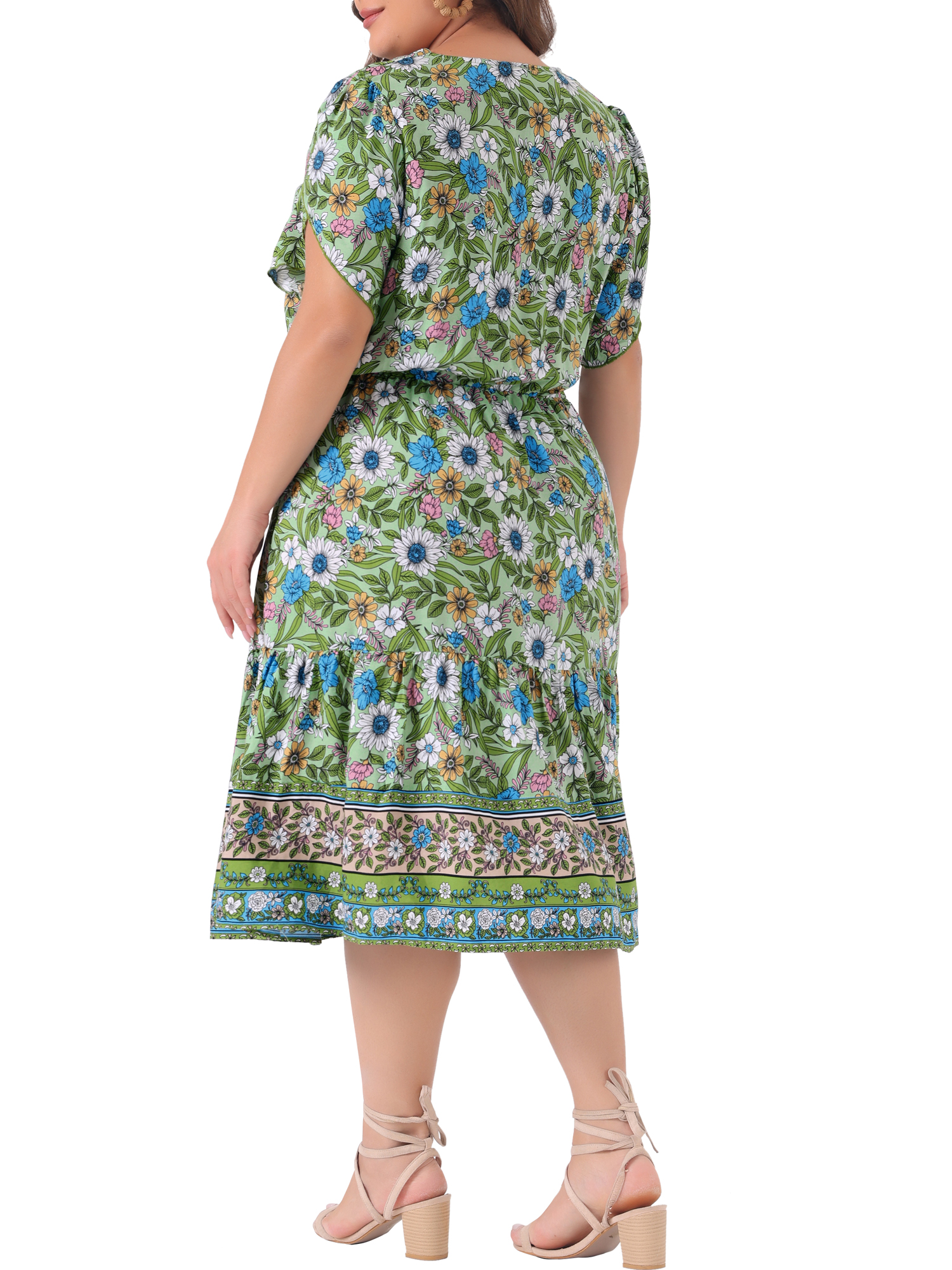 DARING DIVA Plus Size V Neck Short Sleeve Floral Midi Dress 3X Green