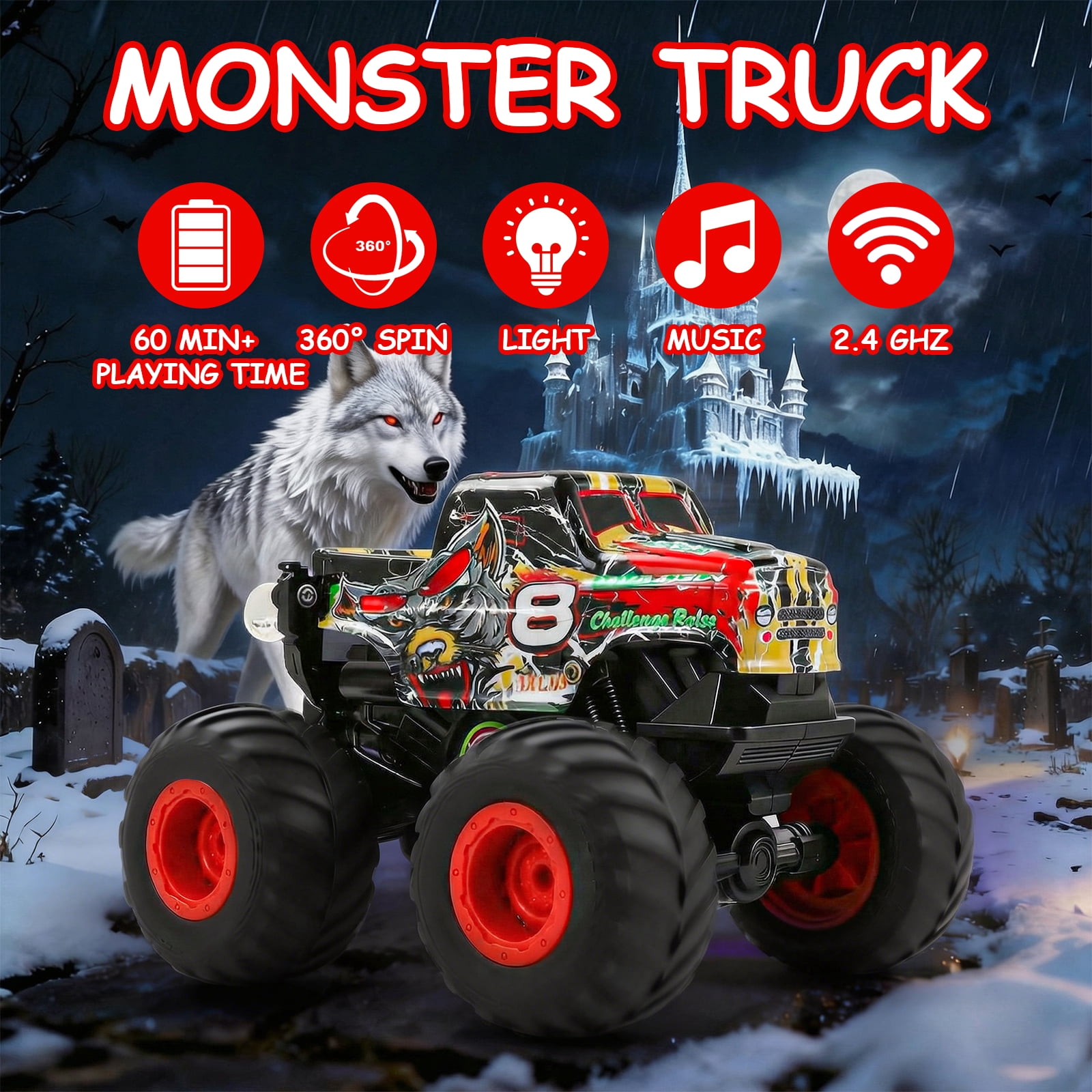 VKFVKF RC Monster Trucks, Remote Control Car with Light & Sound, 360° Rotating RC Stunt Car for Boys