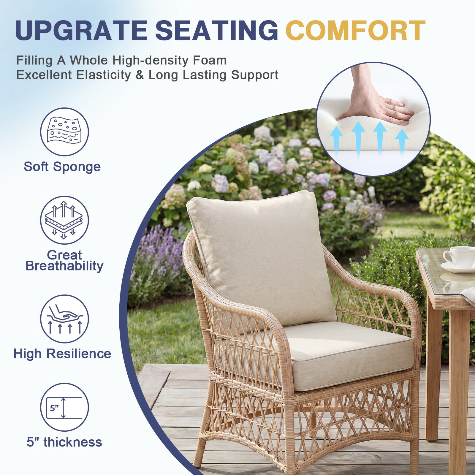 Aoodor 24 x 24 Inch Outdoor Seat Cushion, Water-Resistant & Fade Resistant Deep Seat and Back Cushion with Removable Cover for Patio Furniture Chair, Sofa and Couch, Cream Beige