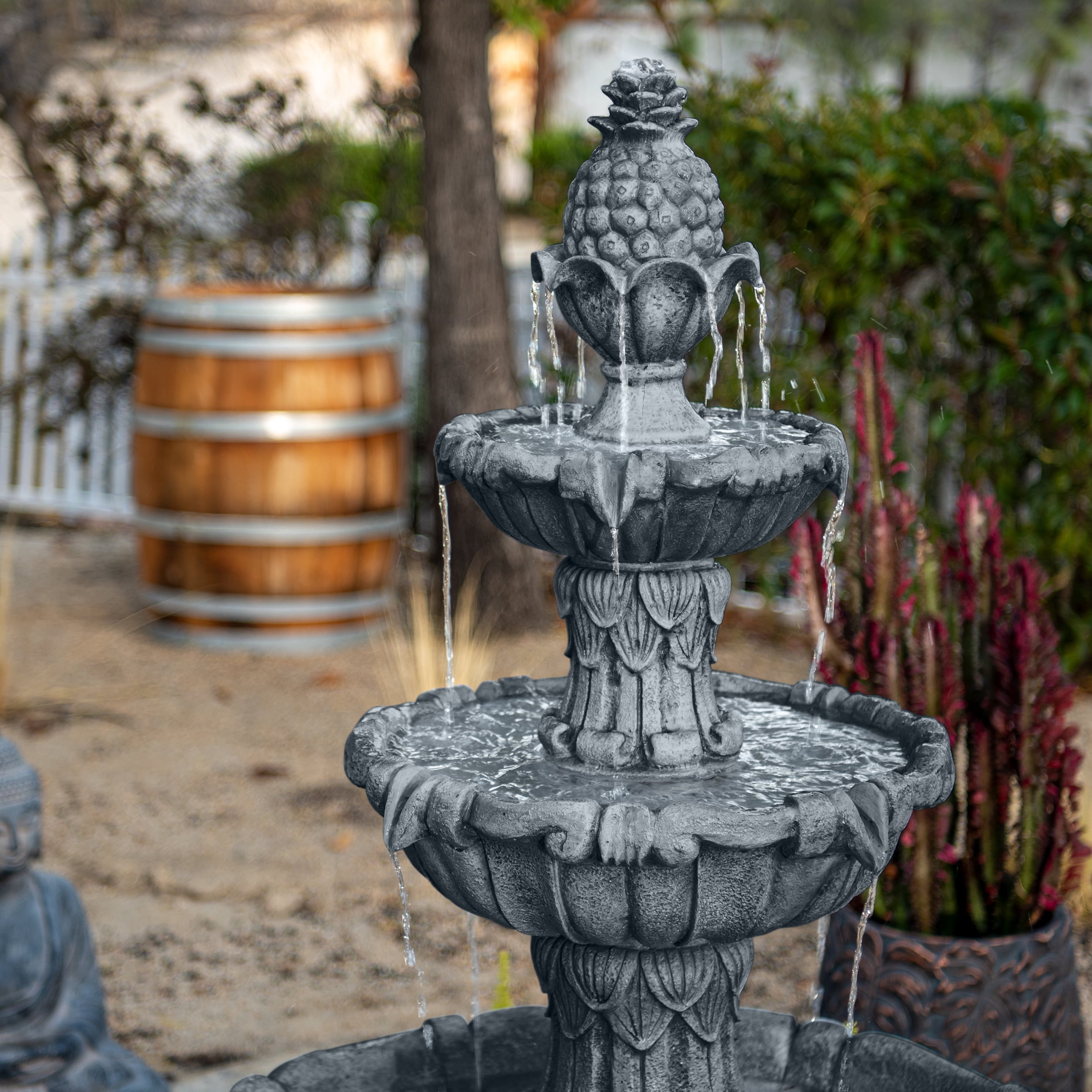 58.3" 3-Tier Electric Outdoor Freestanding Water Fountain - Classic Leaf Design, Gray Resin with Pump